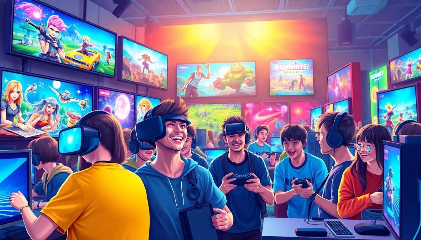 Jogadores animados explorando o universo do higame com consoles e realidade virtual.