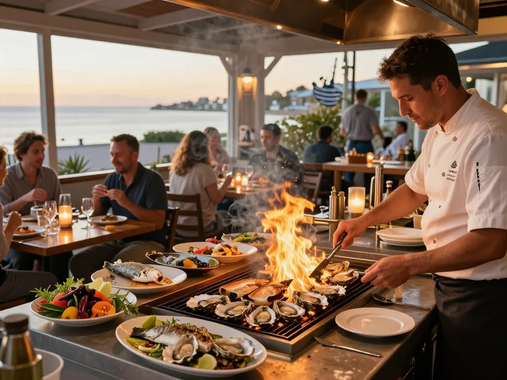 The Shack OK's seafood and oyster bar scene with chefs grilling fresh dishes and happy diners enjoying the vibrant atmosphere.