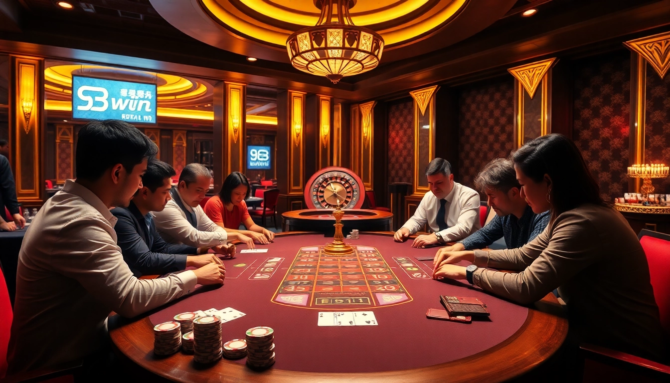 Engaging scene of players at a luxurious casino table showcasing 98win's vibrant poker game.
