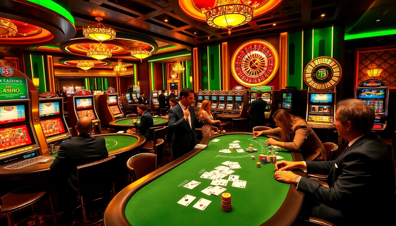 Gambling excitement at SODO CASINO 66 with players at poker tables and vibrant slot machines.