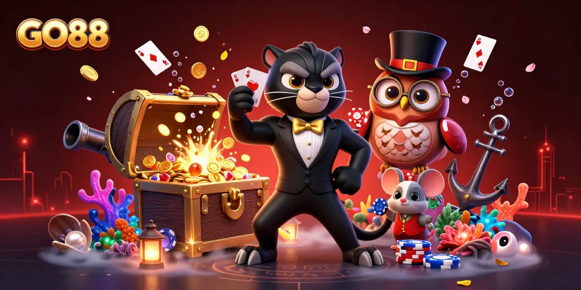 Experience thrilling moments at GO88 casino with vibrant characters dealing cards and poker chips.