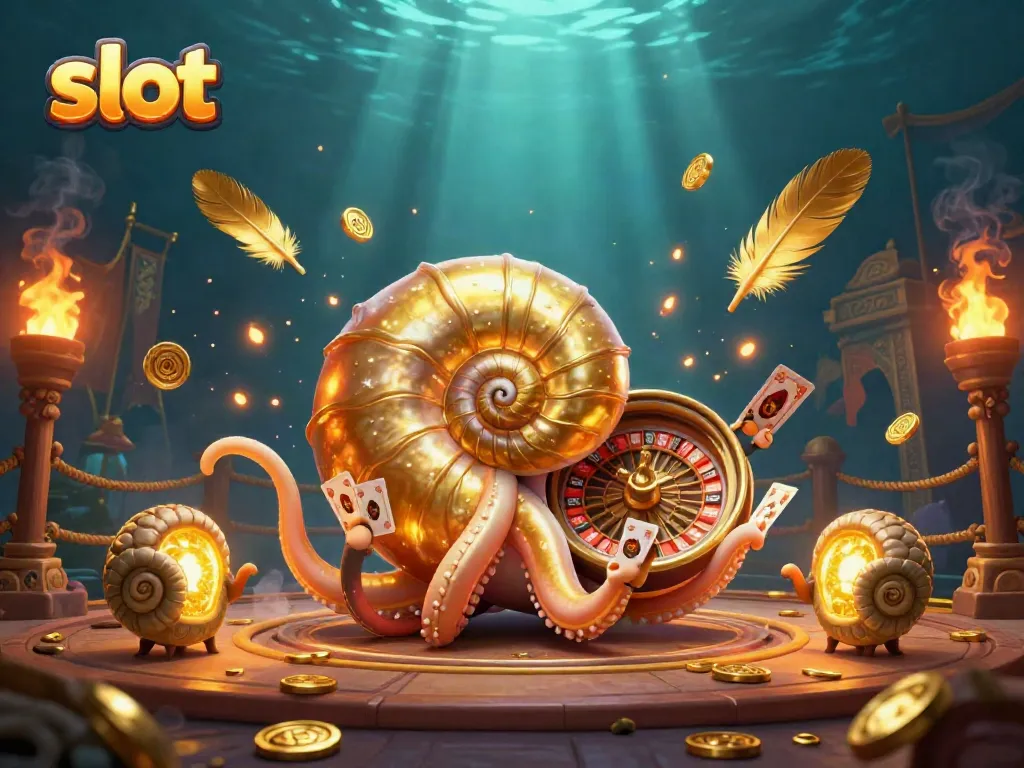 Menguasai slot dengan gambar 3D nautilus kuno berkilau berfungsi sebagai roda roulette, dikelilingi koin emas dan efek asap.