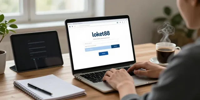 Person using loket88 login on a laptop in a modern home office.