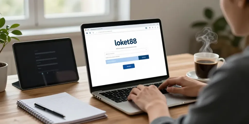 Person using loket88 login on a laptop in a modern home office.