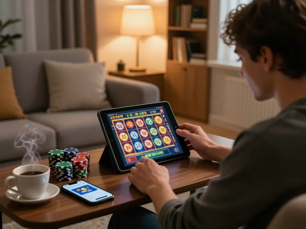 Person engaging with unogg slots on tablet, showcasing home gaming atmosphere with excitement.