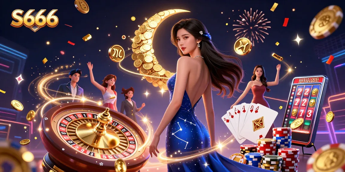 S666 showcases an elegant Asian woman in a deep blue gown surrounded by casino elements, emphasizing winning opportunities.