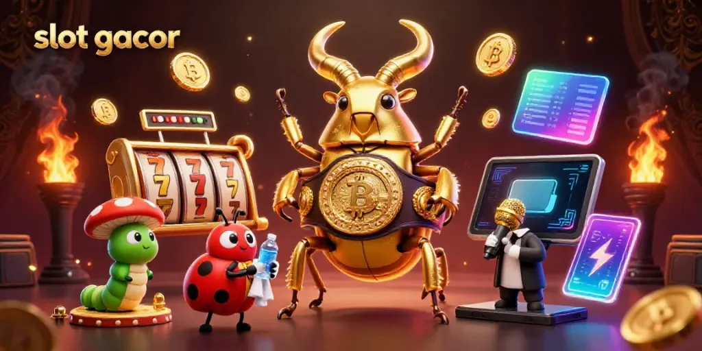 Spin and win big with slot gacor in this vibrant 3D casino illustration showcasing dynamic gameplay.