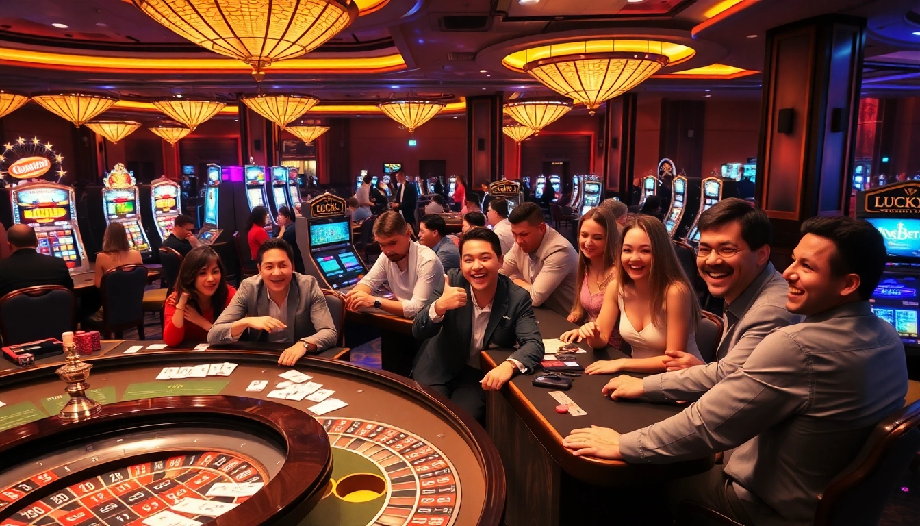 LUCK8 casino scene with players enjoying cards and roulette in a vibrant atmosphere