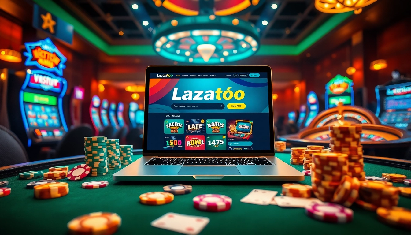 Lazadatoto online gambling platform with vibrant tables, chips, and an interactive interface.