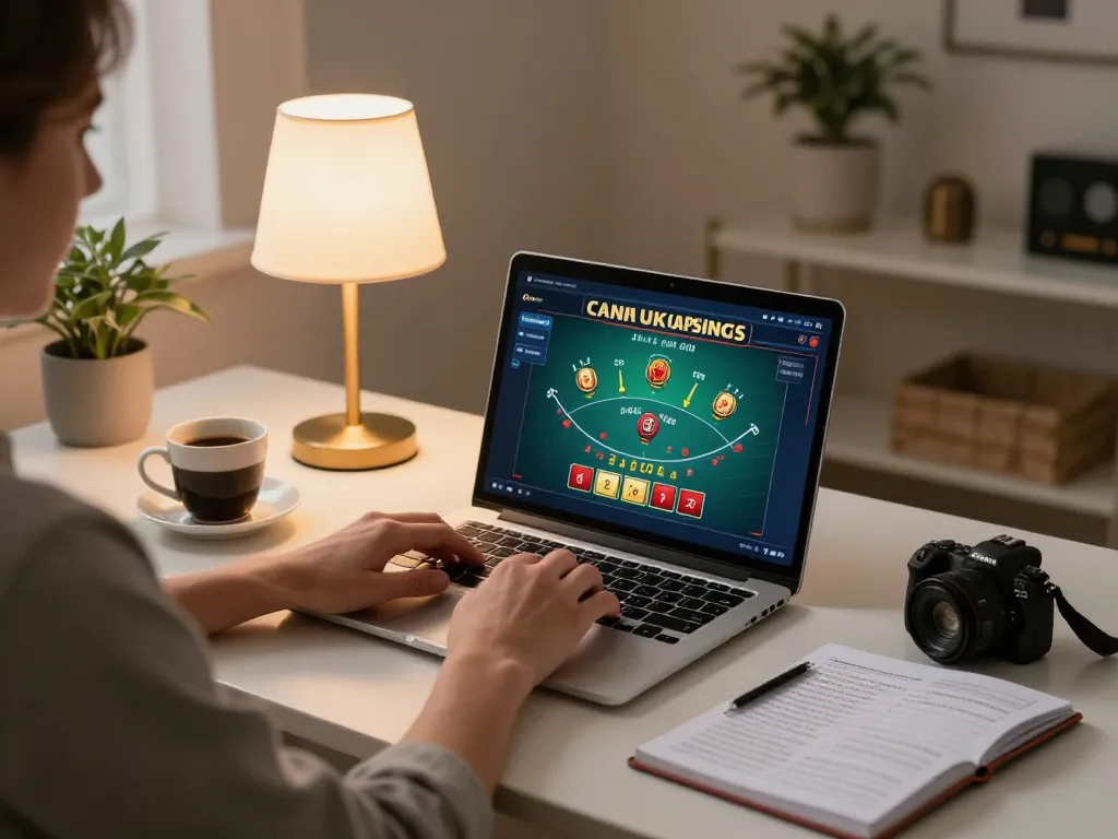 Engaged player strategizing while playing at non UK casinos on laptop, illuminated by warm lighting.