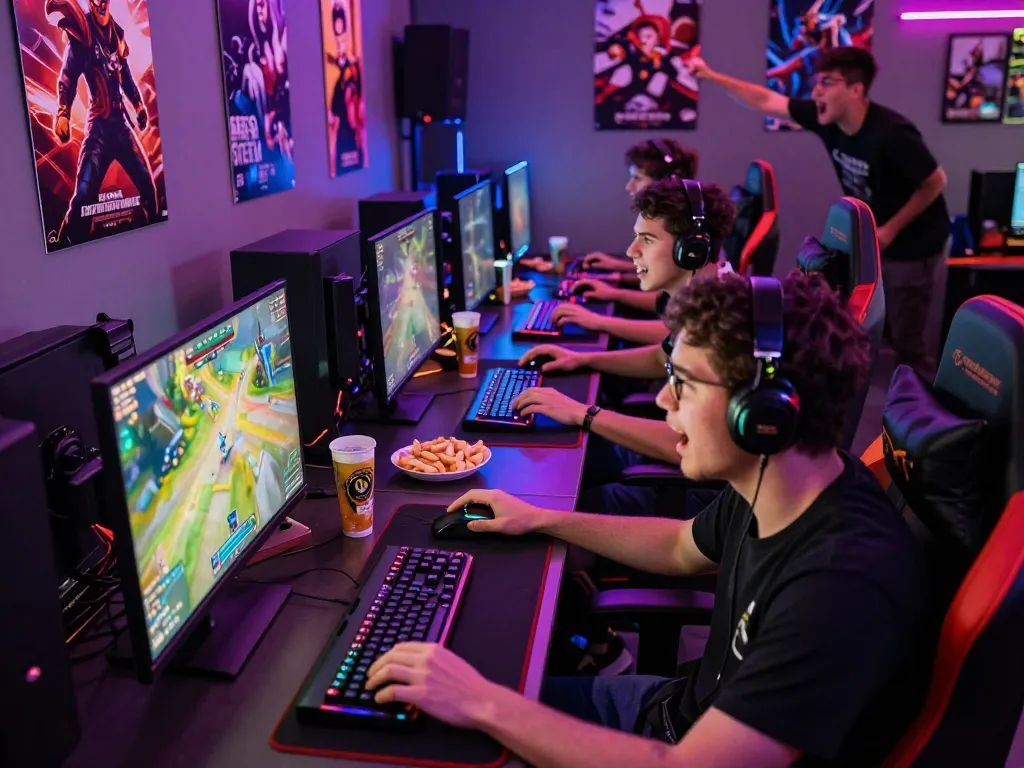 Friends engaged in an intense mpi2121 gaming session in a vibrant lounge.