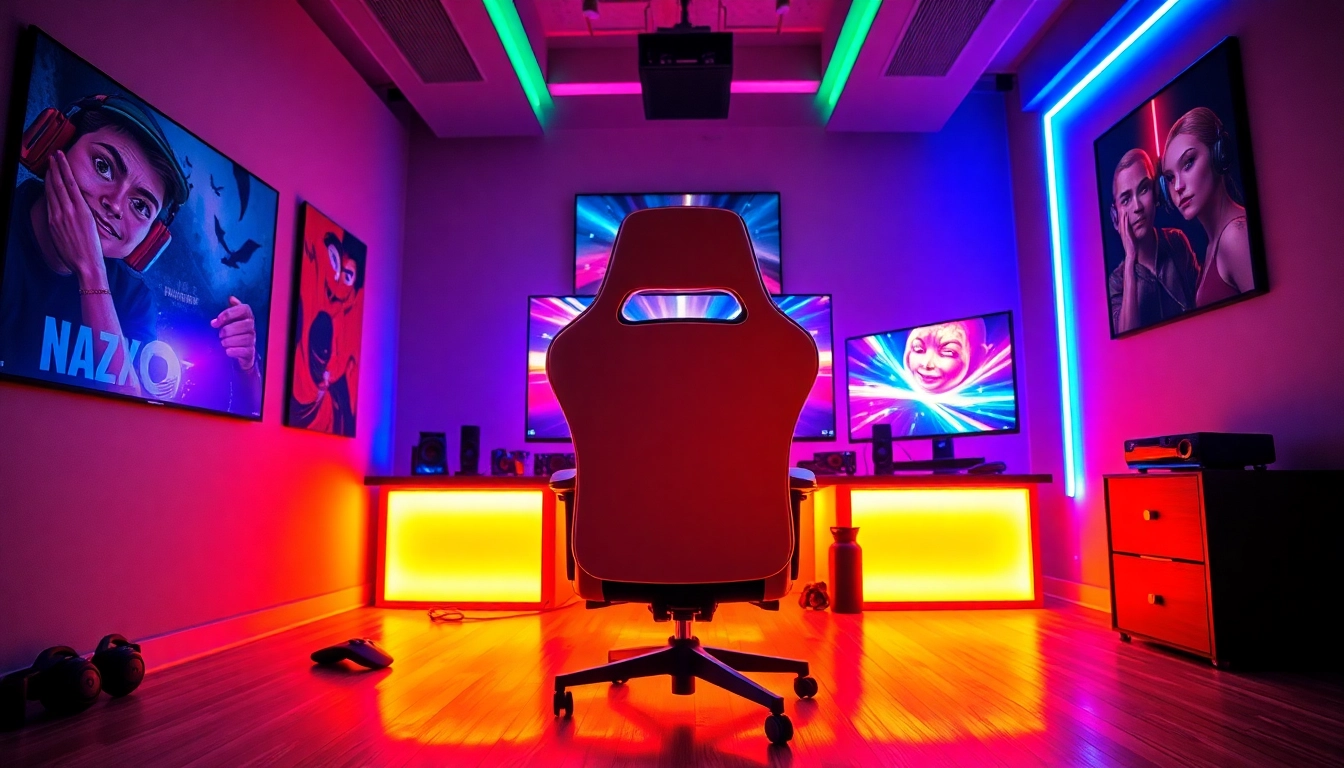 Experiência imersiva em jogos com higame em um ambiente vibrante e iluminado.