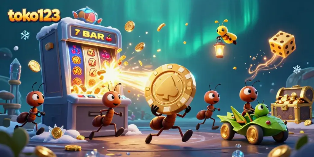 Ants carrying a giant poker chip in a casino-themed heist scene of toko123.