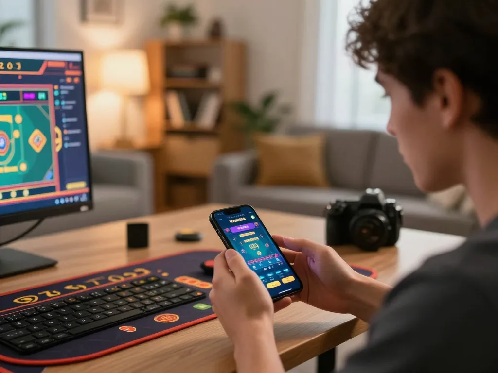 Player enjoying Mega888 on smartphone in a cozy living room, highlighting mobile gaming
