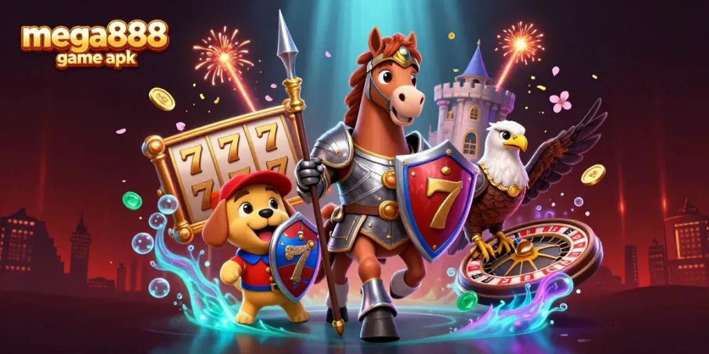 Experience excitement with the mega888 game apk in a vibrant, dynamic casino scene featuring knightly characters.