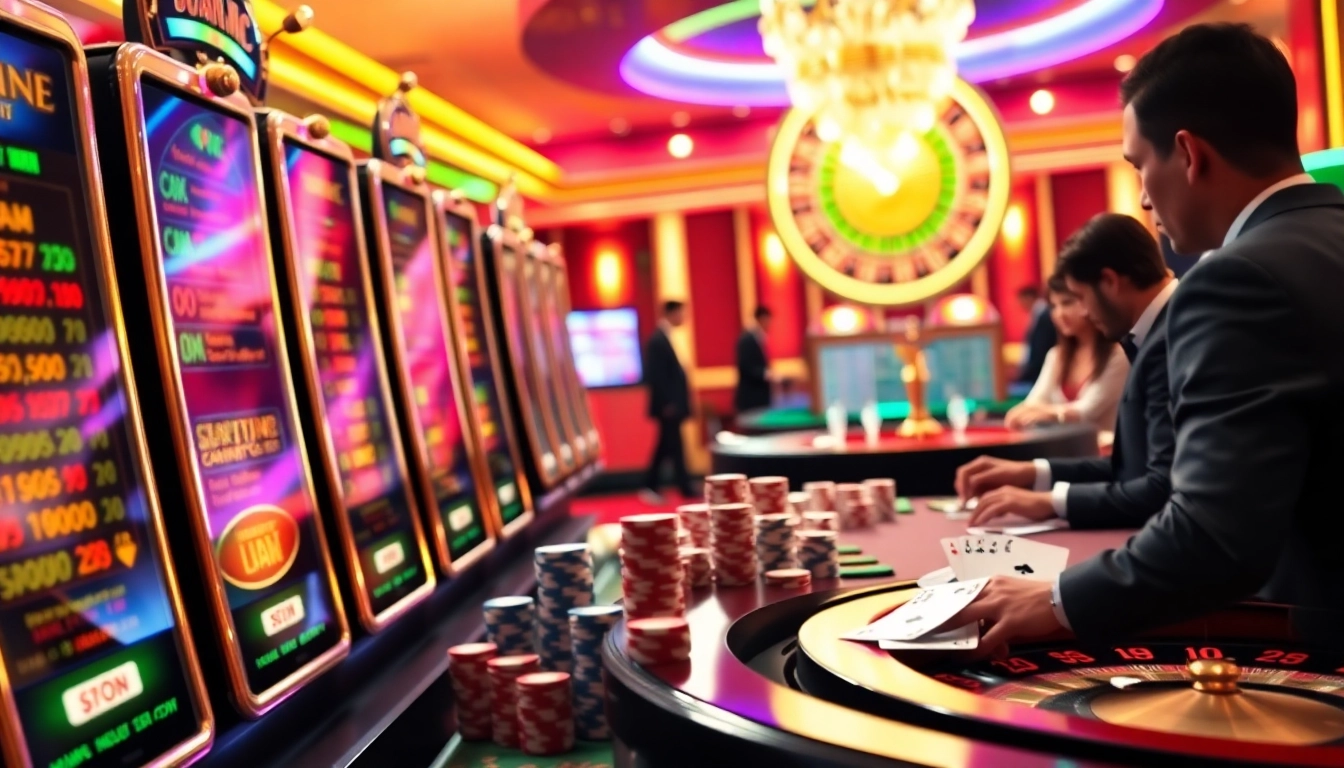 Experience thrilling gameplay with leci123 at vibrant casino tables filled with slot machines and poker chips.