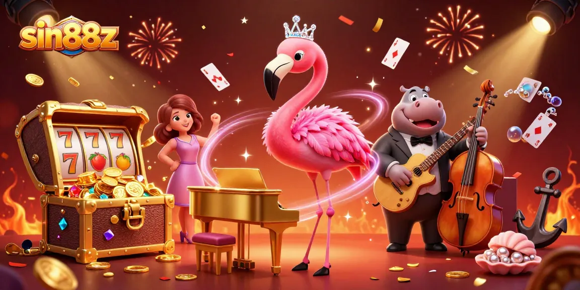 sin88z sparks excitement with a vibrant 3D casino scene featuring a flamingo singer and treasure.