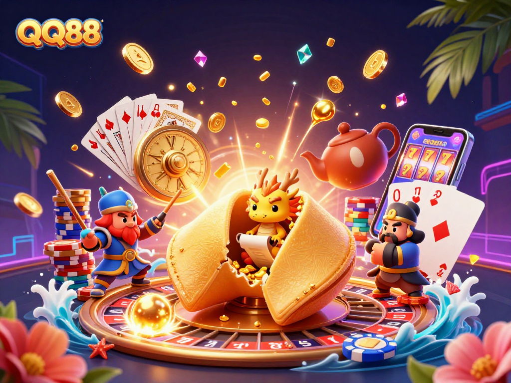 Experience thrilling moments at QQ88 casino with vibrant fortune cookie characters and a dynamic casino scene.