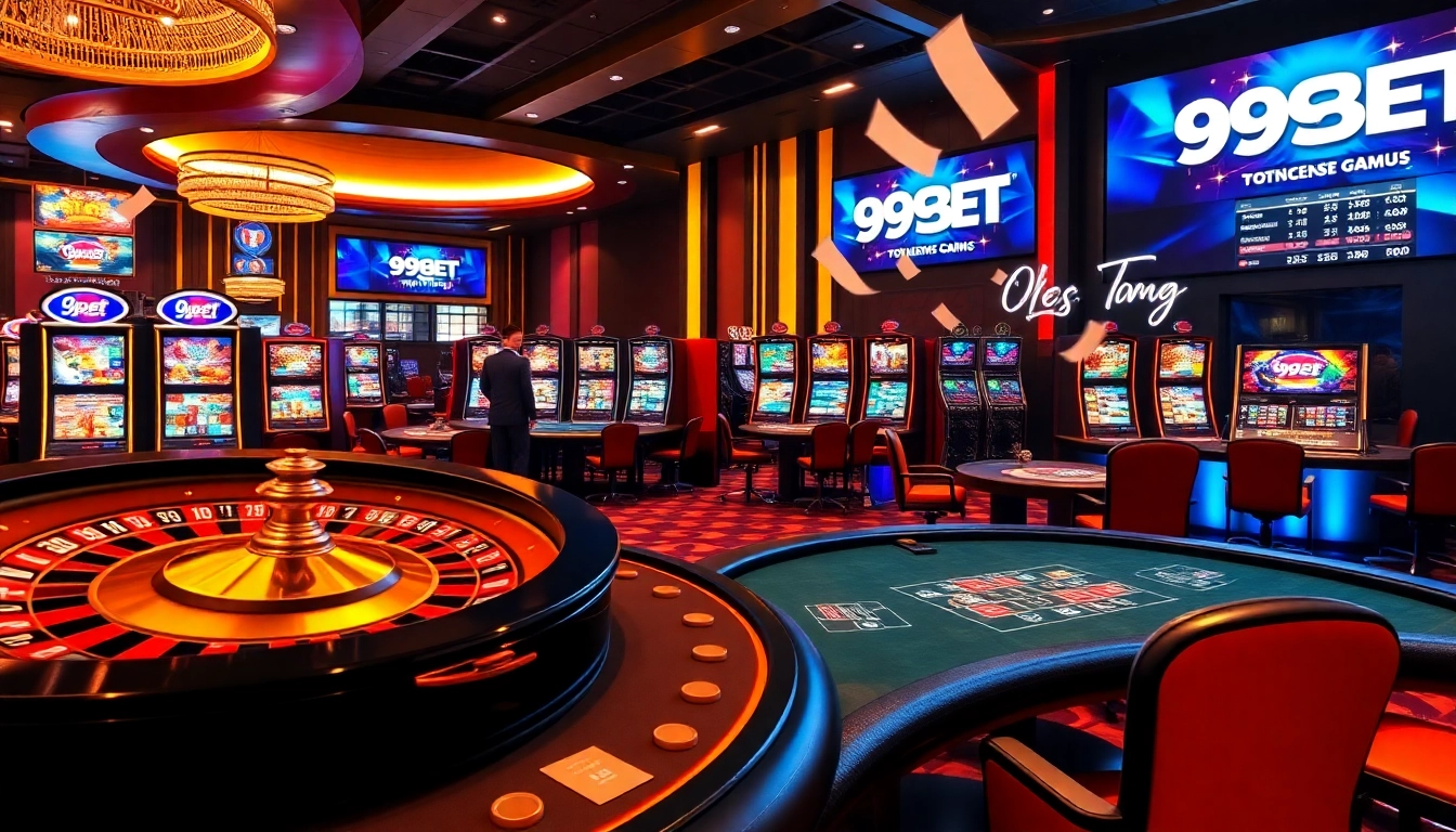 Experience excitement and luxury at 999BET with vibrant casino games, a roulette wheel, and poker chips.