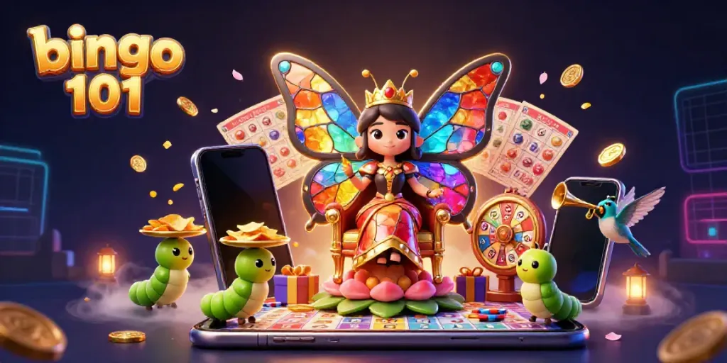 Engage in Bingo 101 with a vibrant 3D butterfly queen and colorful game elements.