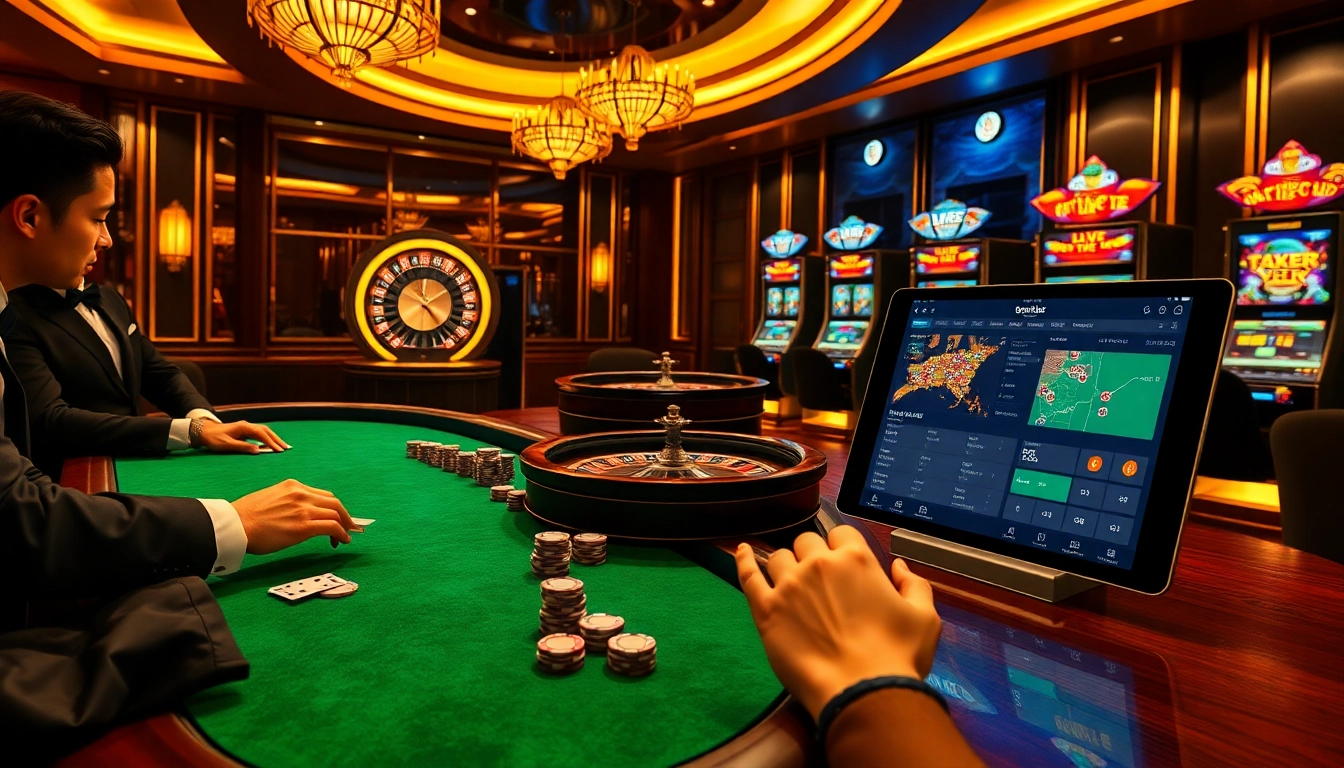 Players engaging in strategic bets and poker chips at a luxurious nhà cái uy tín casino table