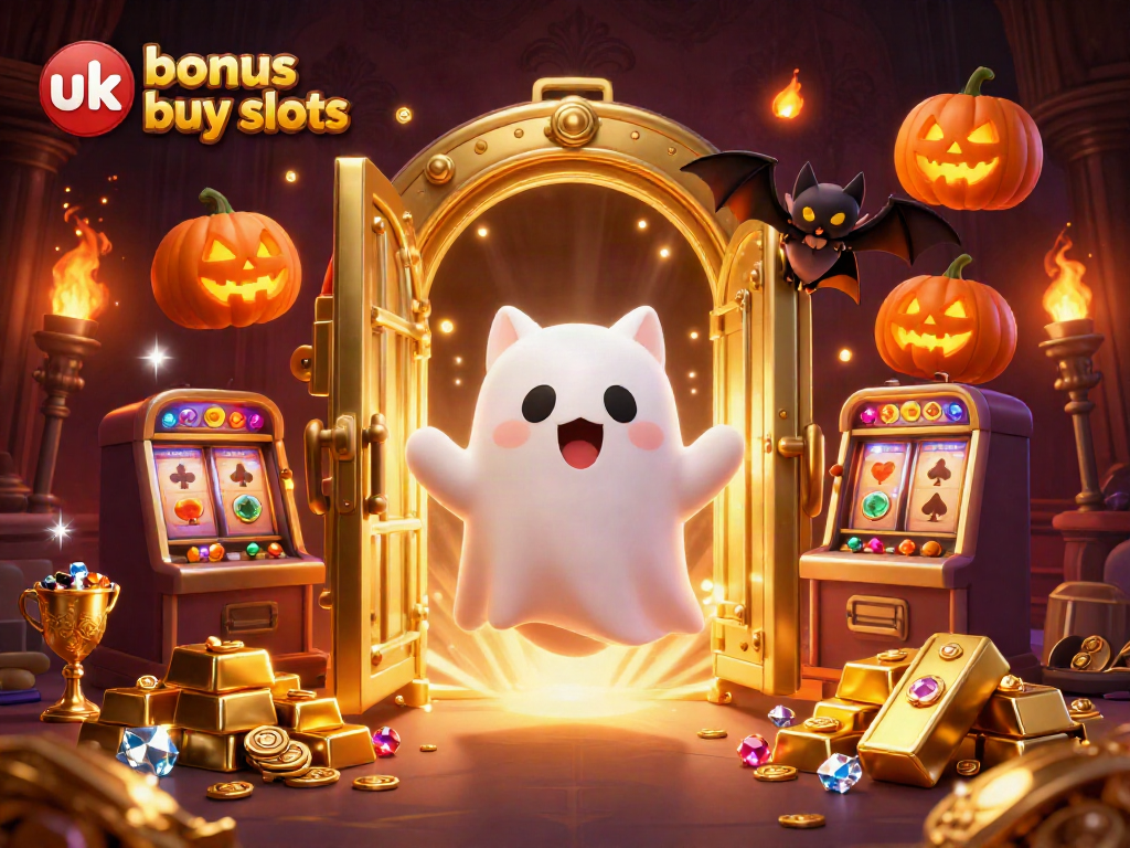 Engage with thrilling uk bonus buy slots in a haunted casino fantasy, featuring a friendly ghost cat and treasures.