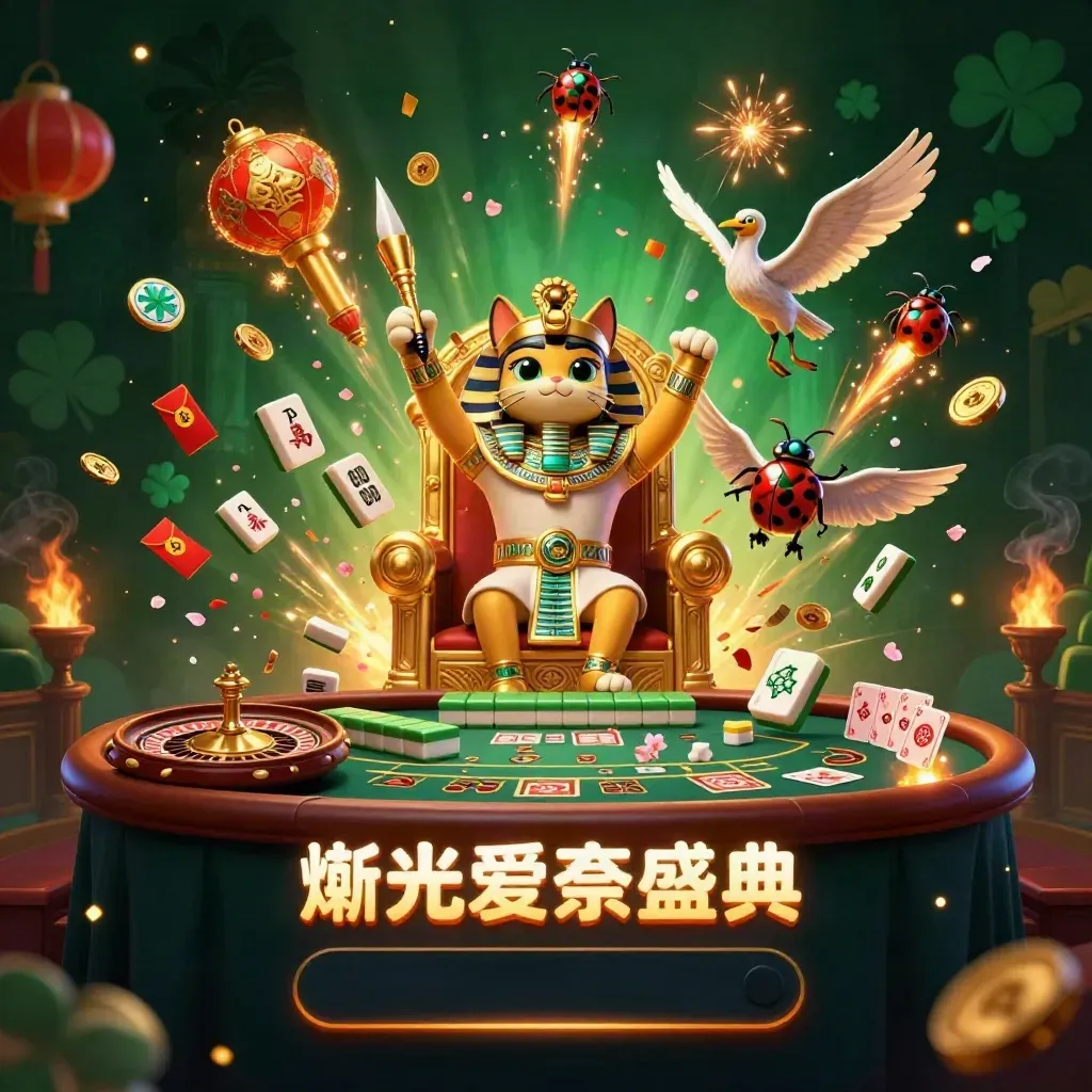 Pharaoh cat, ibis scribe, and gem-wing scarabs amid casino treasure and neon glow.