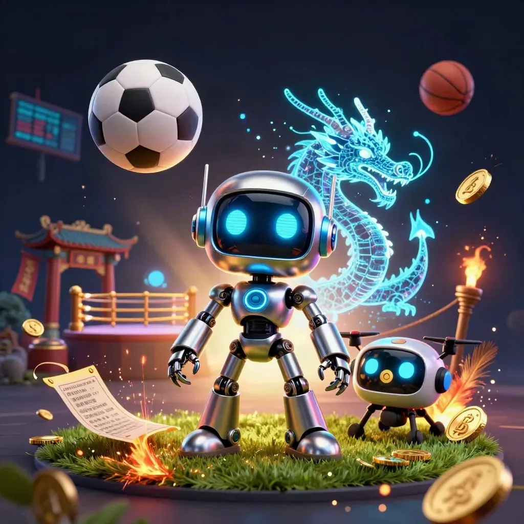Cyberpunk robot, holographic dragon and coin drone amid flying balls, gold coins, temple gate and blue haze.