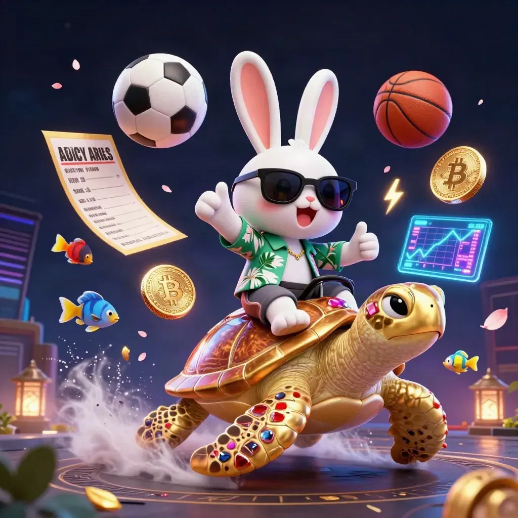Lucky rabbit rides jeweled sea turtle amid sports balls, crypto coins, and casino glow.