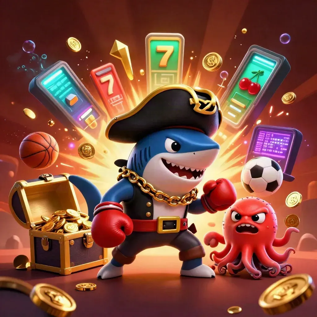 Pirate shark, boxing pufferfish and coin-juggling octopus amid casino sports chaos and neon spray.