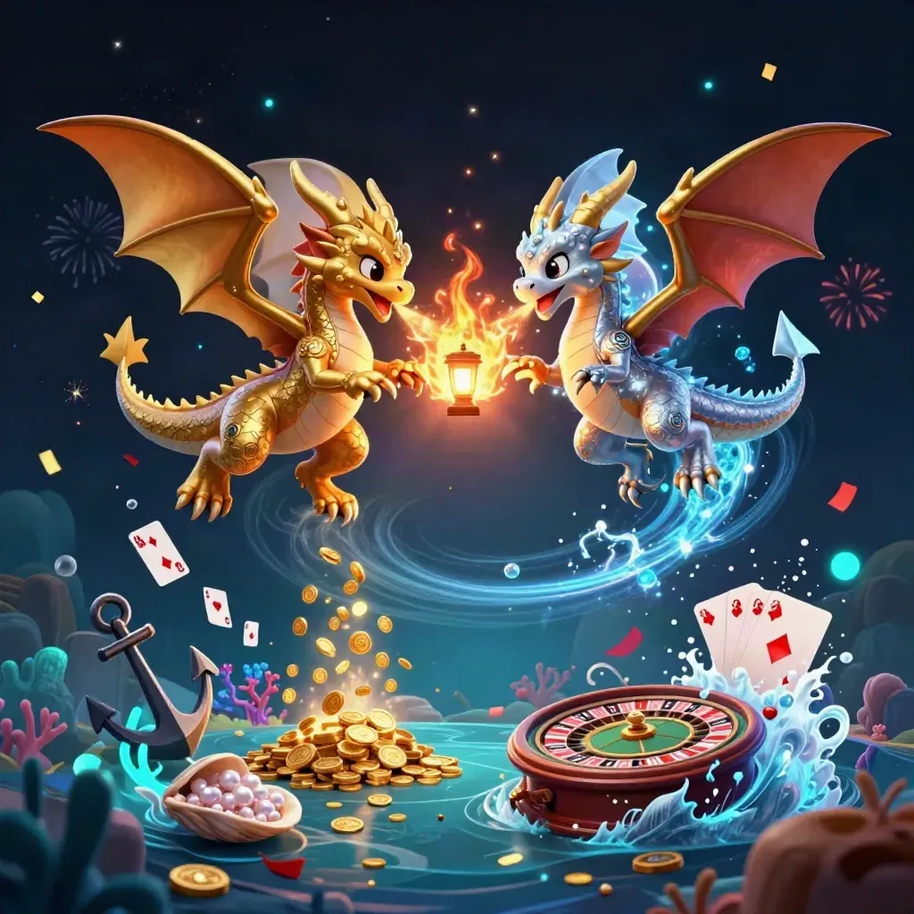Twin dragons amid treasure cove magic, roulette and cards swirling in gold and emerald light.