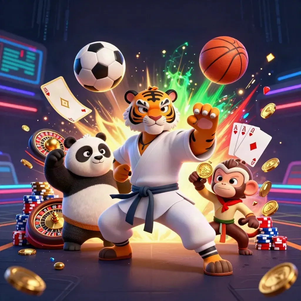 Kung-fu tiger, panda, and monkey amid casino chips, balls, and neon on a dark grid.