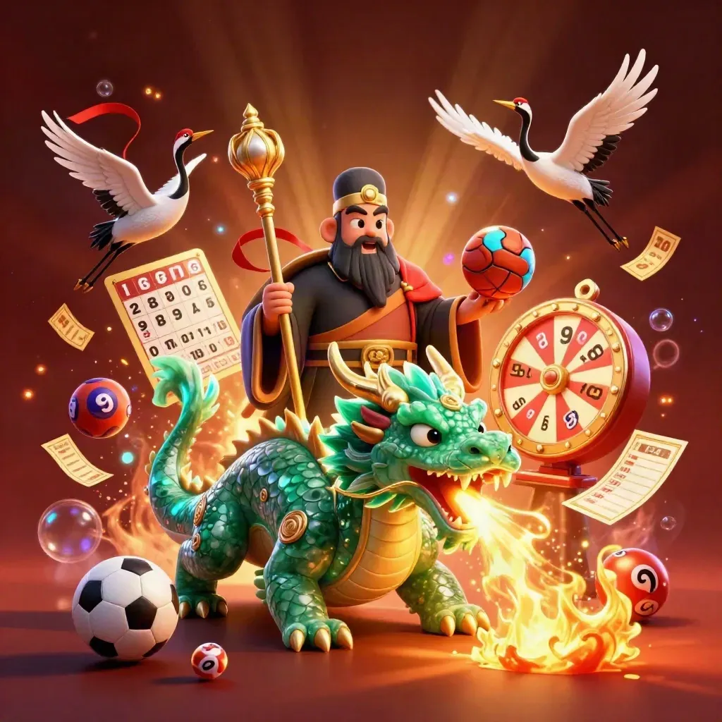 Emerald dragon, turtle sage and cranes amid casino props, gold fire and sports balls in neon haze.
