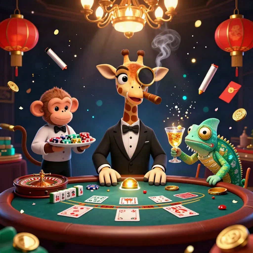 Giraffe, monkey valet, and chameleon bartender in a glowing luxe casino tableau.