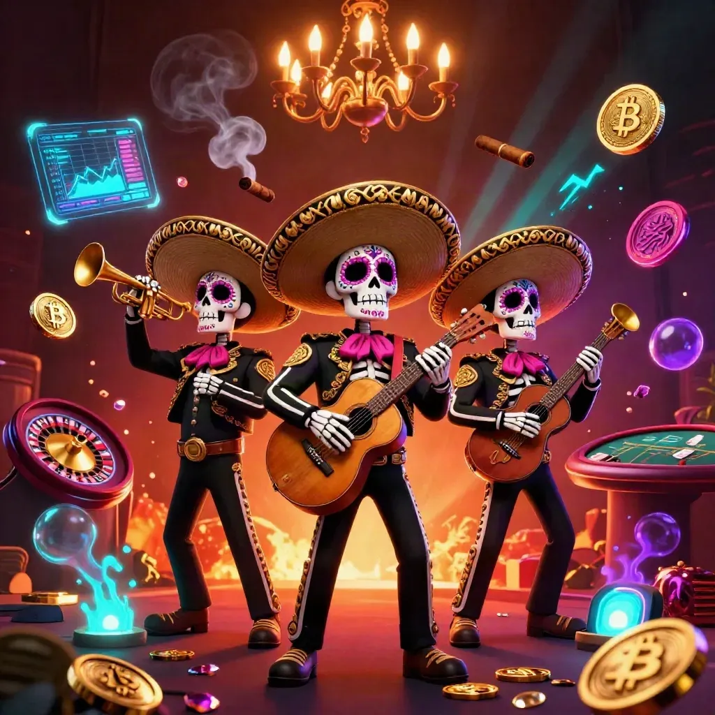 Day-of-the-Dead skeleton mariachi trio amid neon casino glow, coins, cards, and a spinning roulette wheel