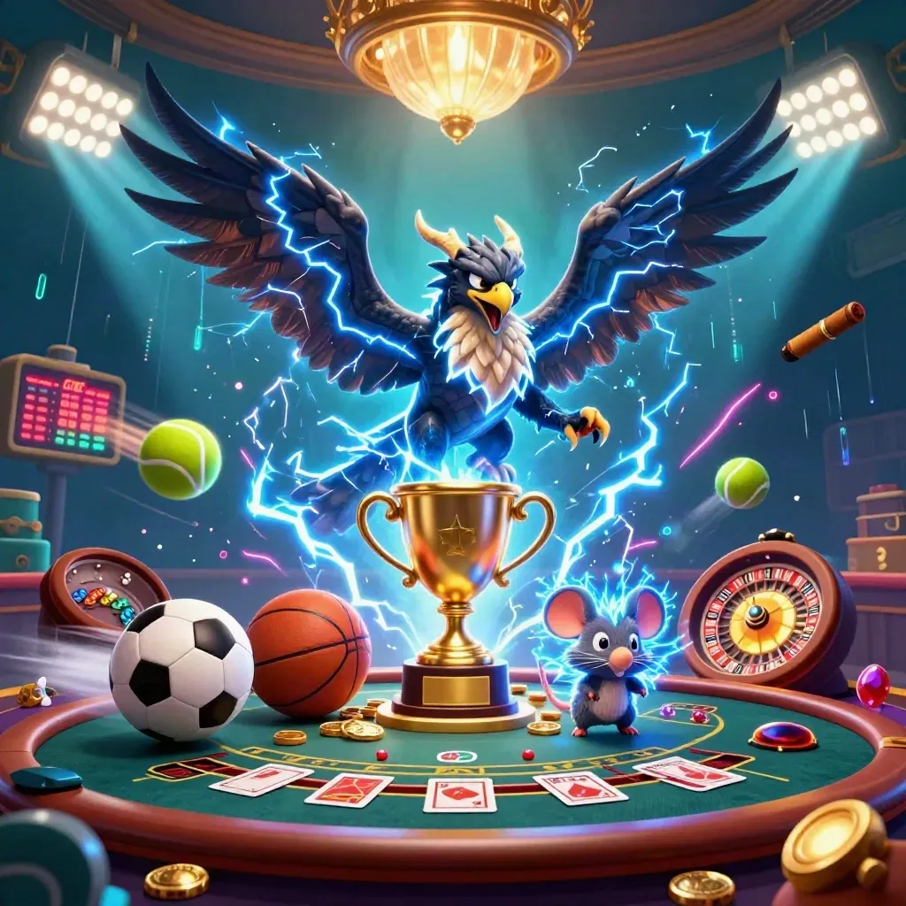 Thunder dragon, wind hawk, and static mouse amid casino lights, roulette spin, and neon energy.