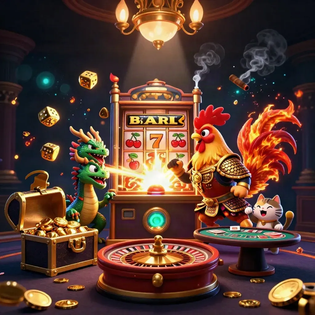 Rooster samurai, spark-breathing dragon and fortune cat amid a casino jackpot burst.