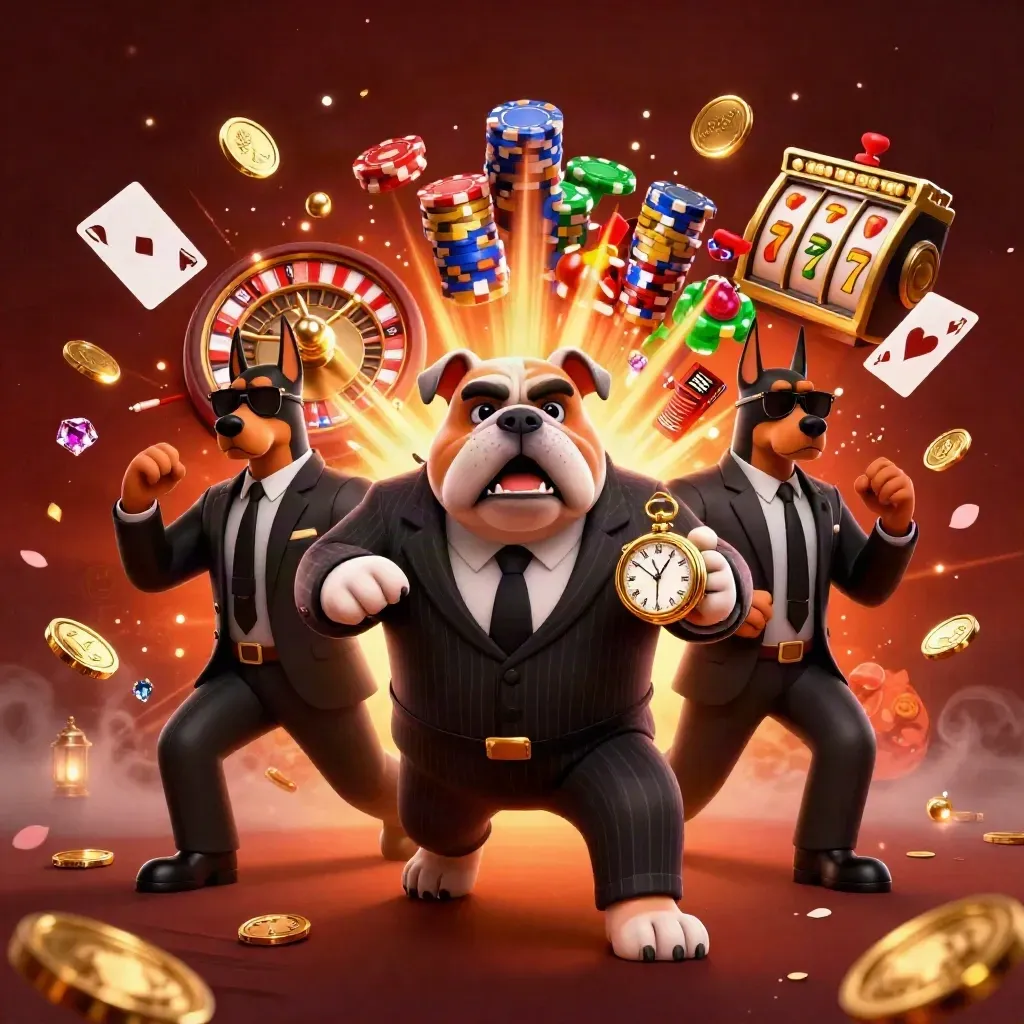 Bulldog boss with two Dobermans amid coins, roulette, chips, cards, and glowing casino effects.