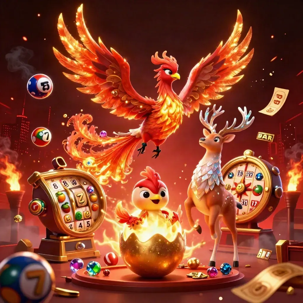Crimson phoenix, hatchling, and crystal stag burst amid casino luck icons on a dark luxe backdrop.