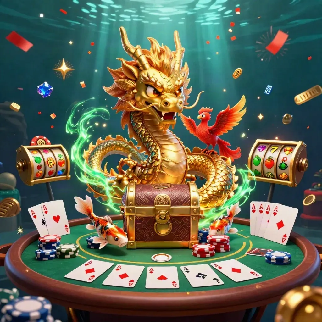 Golden dragon, phoenix, koi and casino icons bursting in luxe underwater fantasy key art.