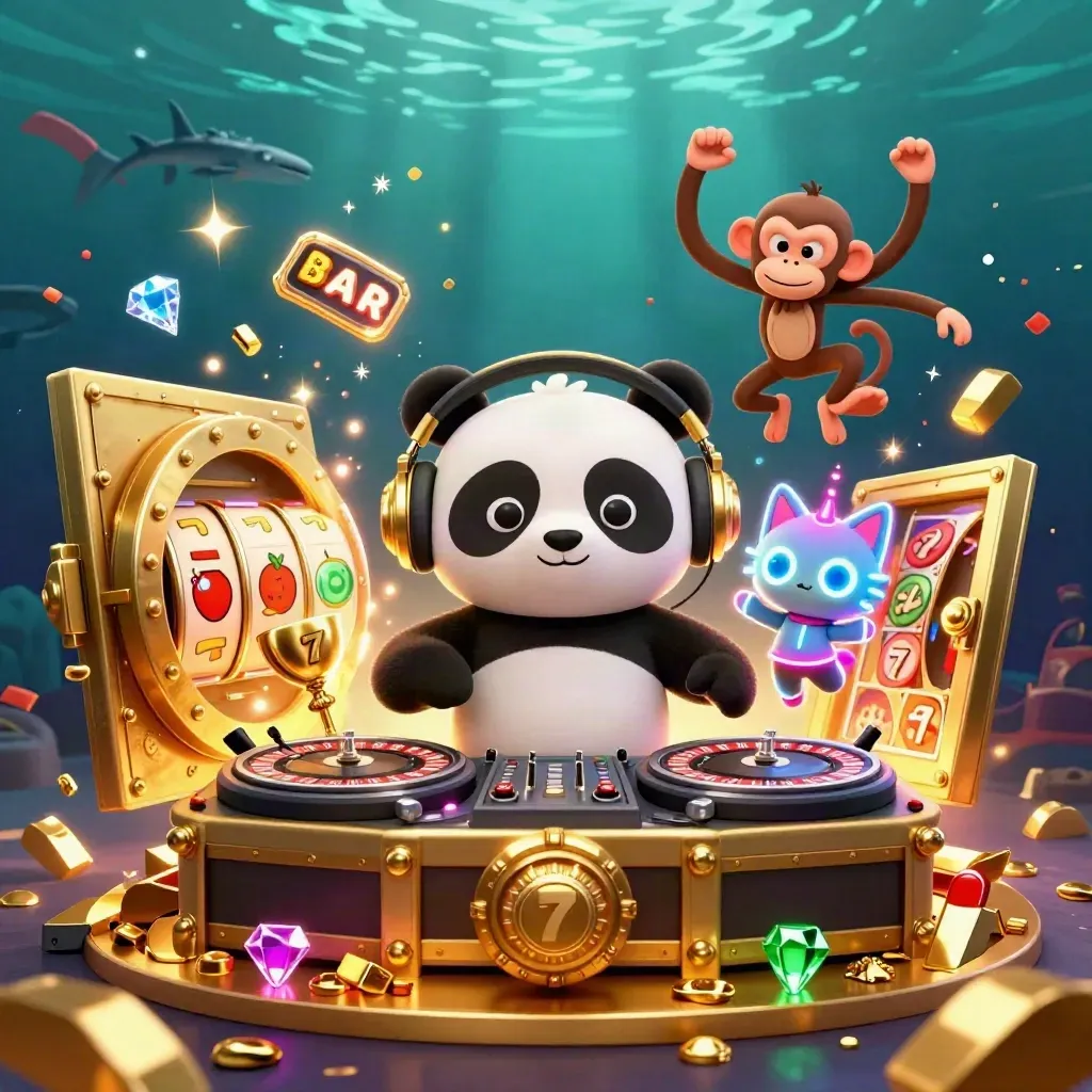 DJ panda, breakdancing monkey, and glow-stick kitten amid treasure, gems, and casino magic.