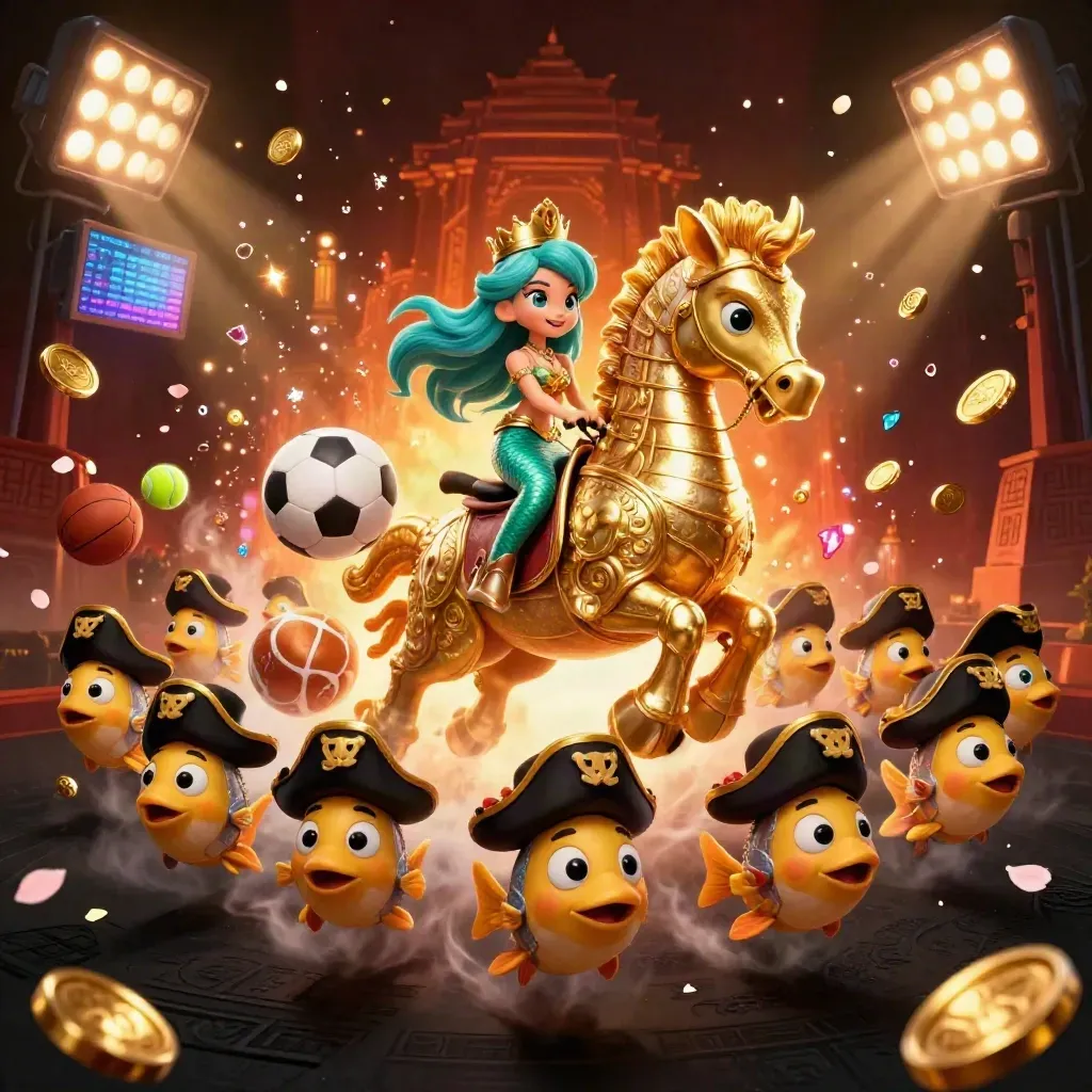 Mermaid princess on a gold seahorse with pirate fish, sports balls, coins, and temple glow.