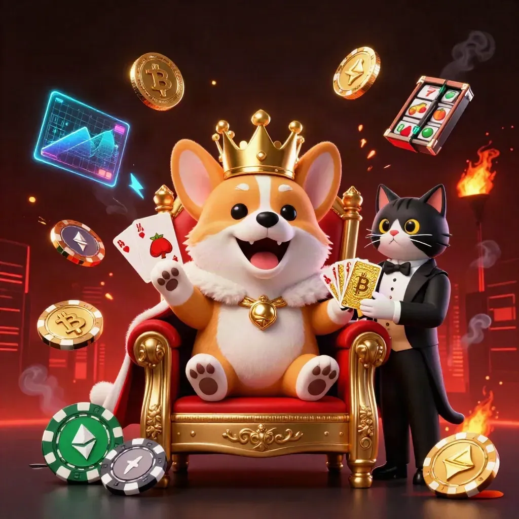 Royal corgi king and cat butler amid casino tech, coins, lightning, embers in a luxe dark red glow.