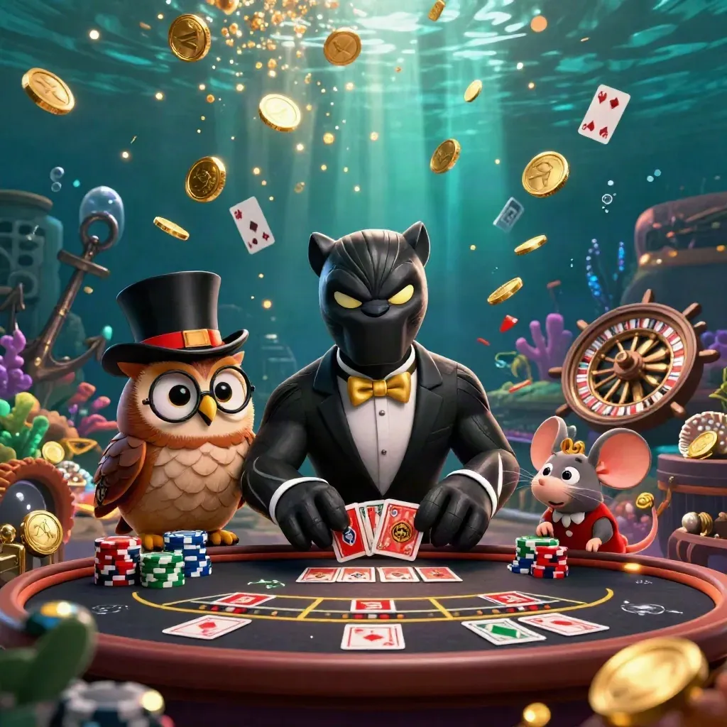 Panther, owl, and mouse amid gold coins, treasure, and casino gear underwater