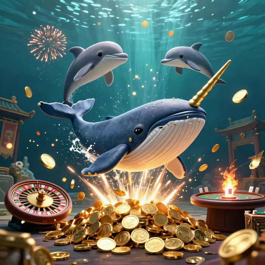 Whale captain, narwhal and dolphins burst through coins in a luxe underwater casino scene.