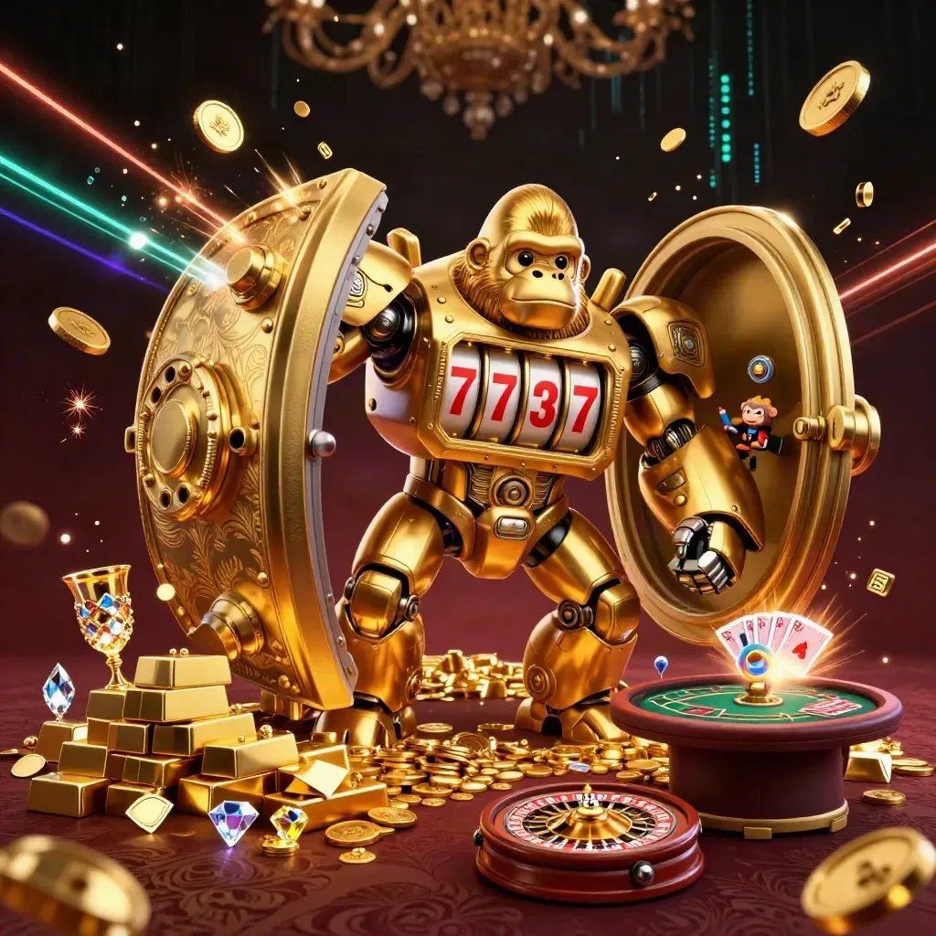 Golden gorilla mech bursts from a vault amid coins, gems, roulette, and casino glow on dark burgundy black.