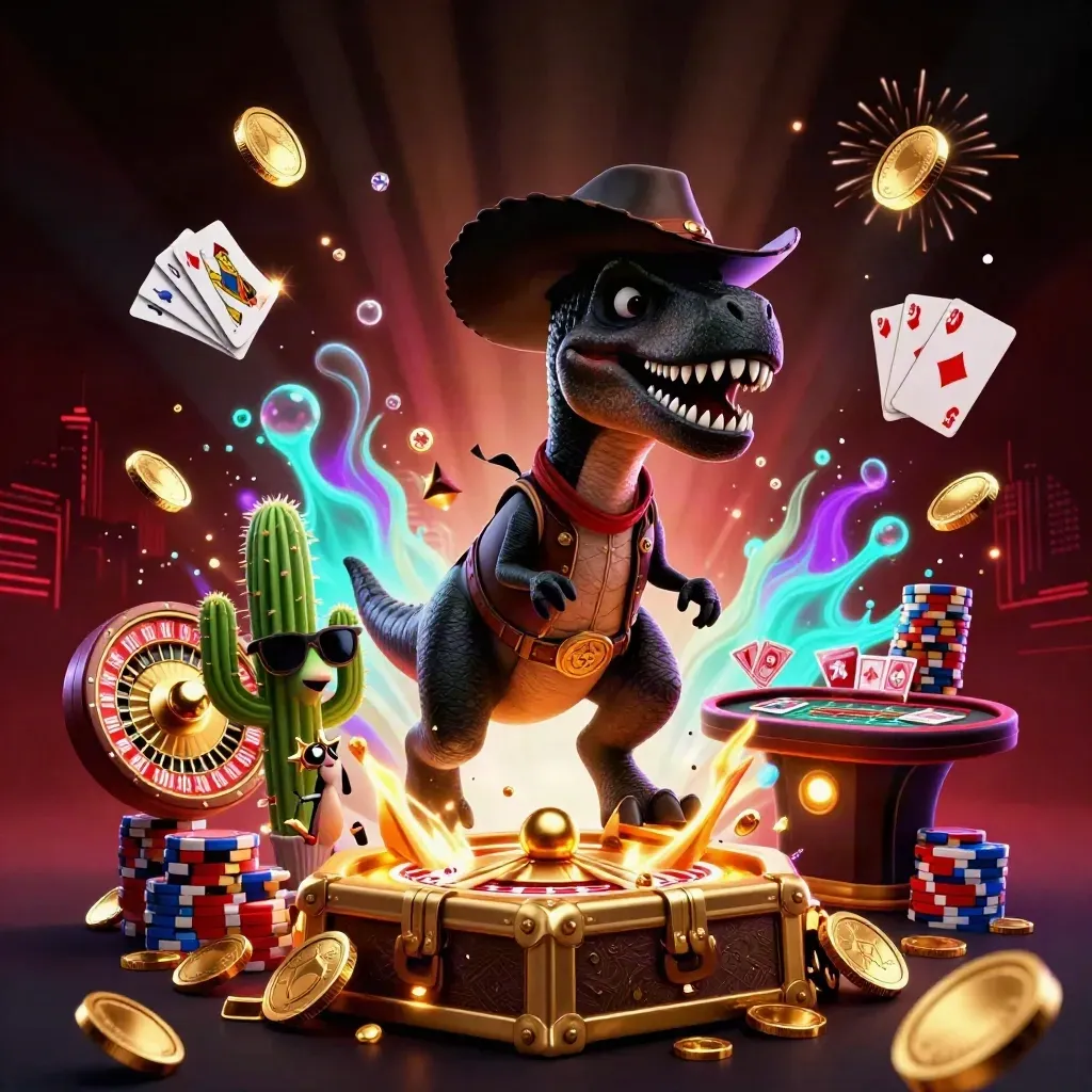 Cowboy T-Rex, cactus sidekick, and sheriff roadrunner amid coins, cards, chips, and neon casino glow.