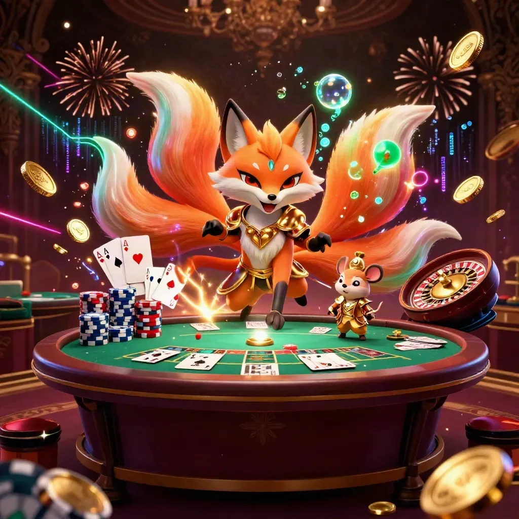 Neon fox spirit and samurai mouse amid casino chips, cards, roulette spin, and exploding gold coins.