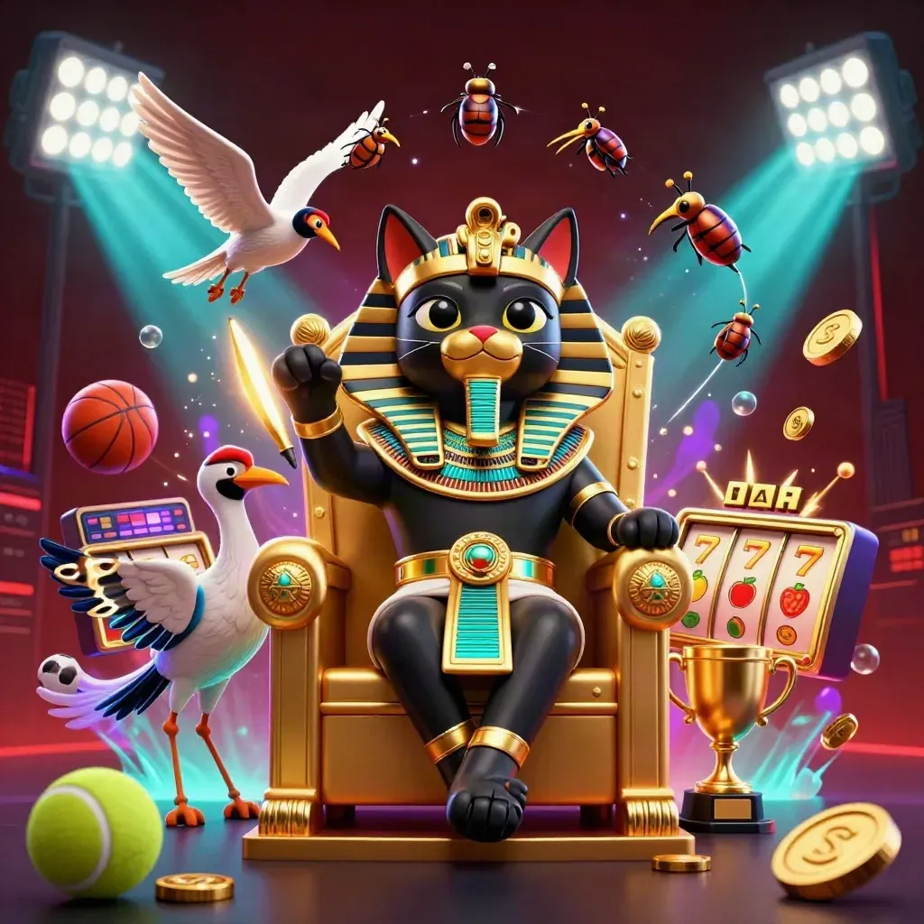 Pharaoh cat on a golden throne with an ibis scribe and glowing scarabs amid casino game bursts.