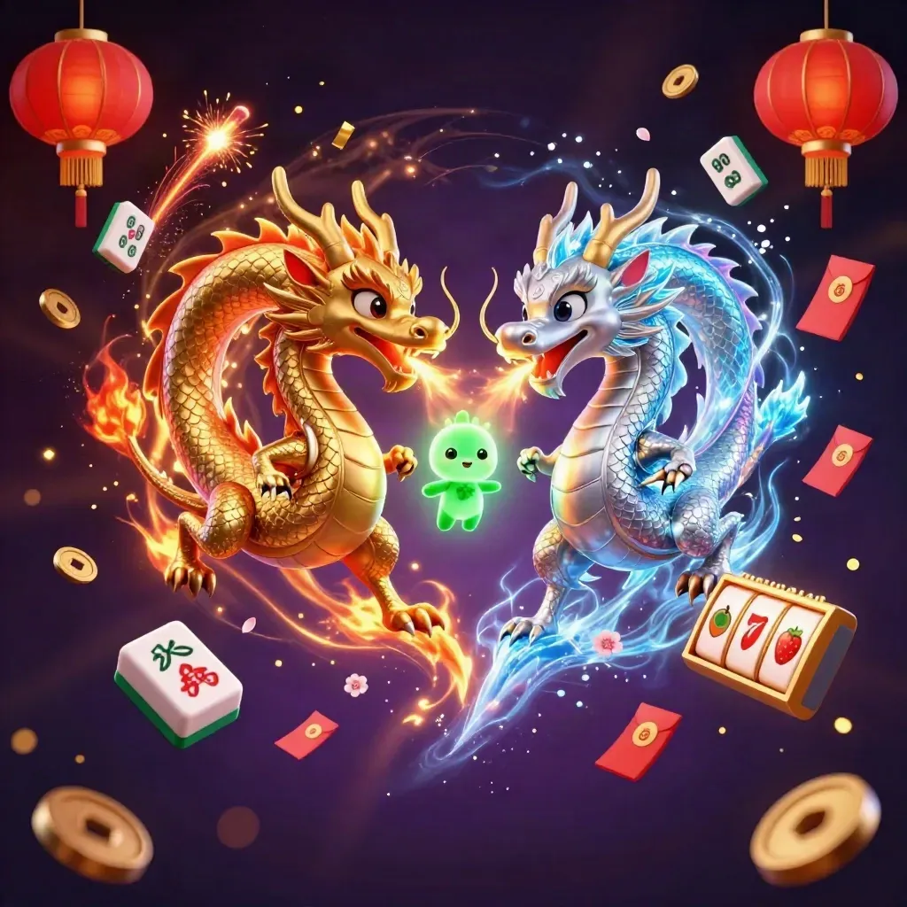 Gold and silver dragons spiral in a yin-yang blaze with casino charms and jackpots.